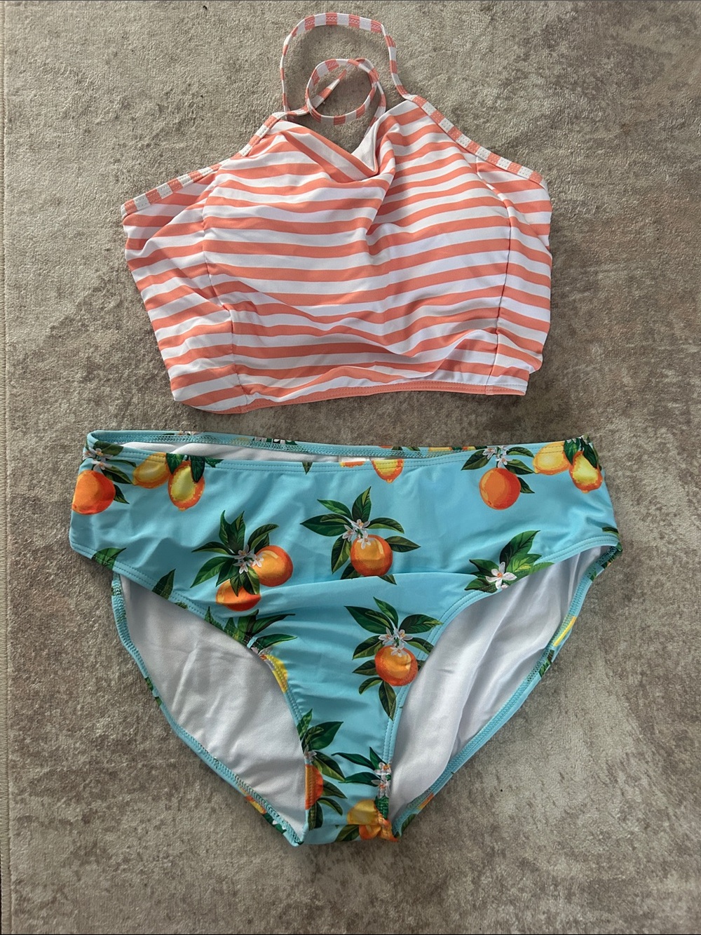 DAVI & DANI Coral Stripe Halter Top with Aqua Orange Print Bottom Bikini